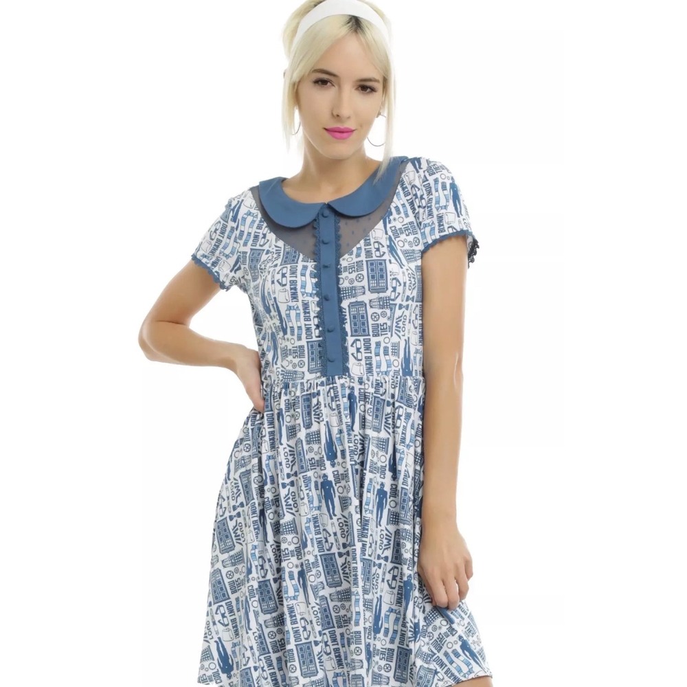 BBC Doctor Who TARDIS Print Dress Peter Pan Collar Blue M Hot Topic